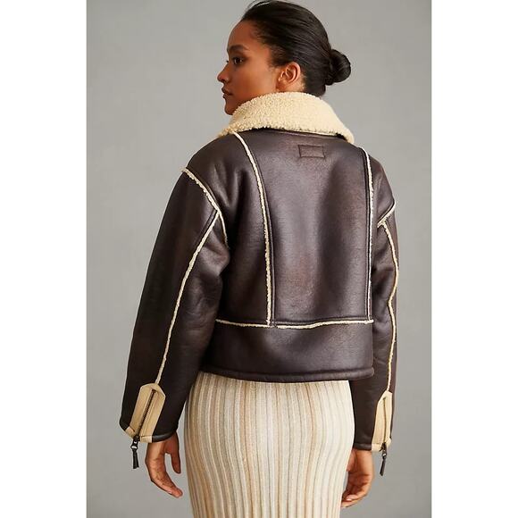 Pilcro by Anthropologie Faux Leather Jacket Womens Size XL Brown Sherpa-Lined - Picture 2 of 12